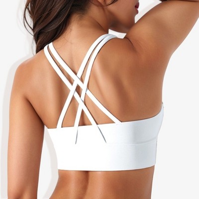 Anna-Kaci Women's Scoop Neck Stretchy Cropped Banded Criss Cross Back Sports Bra-Large, White