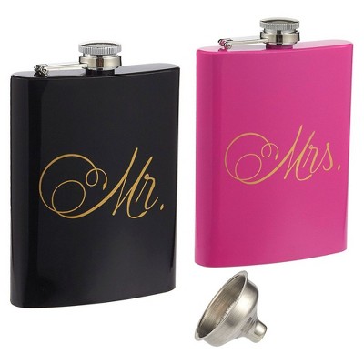 Blue Panda Mr. and Mrs. 8oz Stainless Steel Flasks for Liquor, Pocket Hip Flask with Funnel, Ideal Wedding Gifts for Bride and Groom, Black & Pink