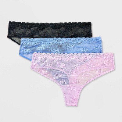 Women's 3pk Lace Thong Underwear - Wild Fable™ Black/Blue/Lilac