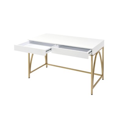 Executive White Gloss & Gold Wood Desk with Drawers & Keyboard Tray