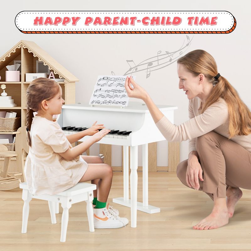 Costway 30 Key Classical Kids Piano Wooden Musical Instrument Toy w/ Stand & Stool White, 4 of 11