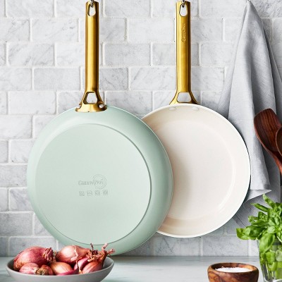 Mint and Cream Ceramic Nonstick Frying Pan Set with Gold Handles