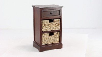 Elegant Brown Wooden Side Chest with Wicker Drawers - 33" x 20.5"