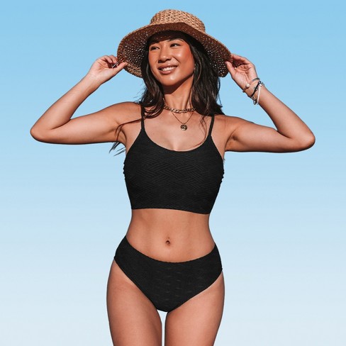 Women's Mid Rise Scoop Neck Tank Textured Bikini Sets Swimsuit -  Cupshe-l-black : Target