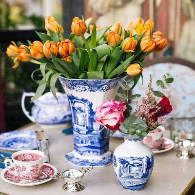 Hexagonal Blue Italian Porcelain Table Vase, 10" Geometric Design