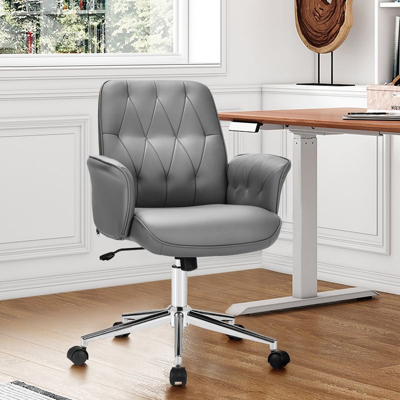 Costway Modern Home Office Leisure Chair PU Leather Adjustable Swivel w/ Armrest, 2 of 13