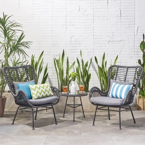 Christopher Knight Home Bechtel Outdoor Wicker and Tempered Glass 3 Piece Chat Set with Cushions - 1 of 4