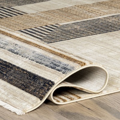 Beige and Black Synthetic Rectangular Striped Area Rug, 8' 10" x 13'