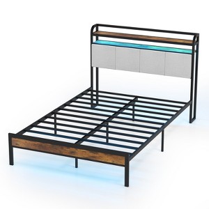 Costway Full/Queen/King Size Bed Frame w/Charging Station, Metal Platform Bed w/Upholstered Headboard - 1 of 4