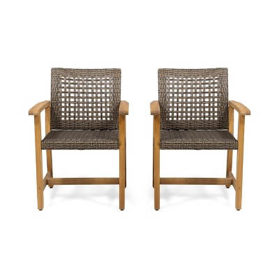 GDFStudio Savannah Outdoor Acacia Wood and Wicker Dining Chairs (Set of 2), Teak/Mixed Mocha