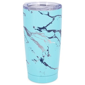 Elanze Designs 20 oz Stainless Steel On the Go Insulated Travel Tumbler With Push Top Lid, Navy Blue Marble Print Sky Blue - 1 of 4