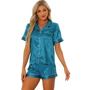cheibear Women's Silky Satin Button Down Shirt with Shorts Sleepwear Pajama Sets - 1 of 4