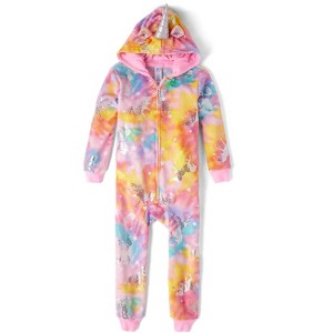 The Children's Place Girls Long Sleeve Tie Dye Unicorn Print Fleece One Piece Pajamas - 1 of 3