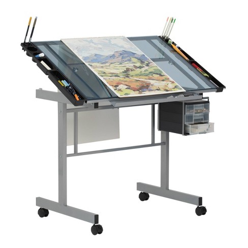 Studio Designs Avanta Silver Metal Drafting Table with Glass Top