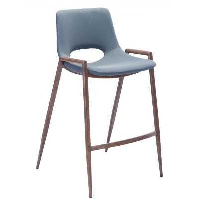 Zuo Modern Desi Counter Stool, Set Of 2, 35.6 Inch High Azure Gray Faux Leather Seat With Walnut Finish Steel Frame