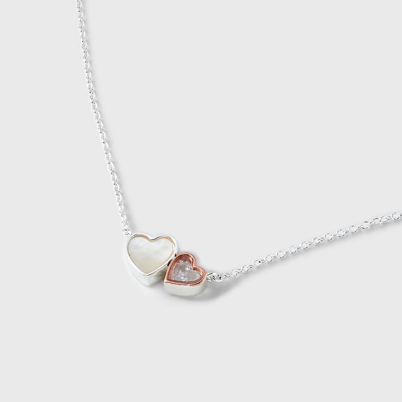 Silver Plated Two Tone Mother of Pearl and Cubic Zirconia Double Heart Shaker Necklace - Silver/Rose Gold, 4 of 5