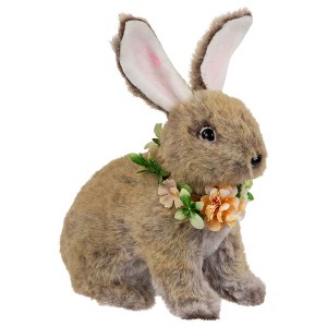 Northlight Plush Rabbit with Flower Wreath Easter Figurine - 8.5" - 1 of 4