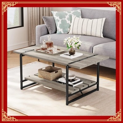 Garvee 41'' Large 2-Tier Wood Coffee Table with Storage Shelf - Sturdy Farmhouse Design,Metal Frame Modern Rustic Living Room Accent Furniture