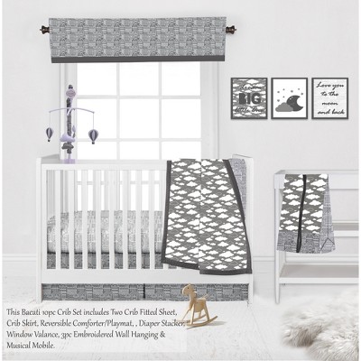 Bacati - Clouds in the City White/Gray 10 pc Crib Bedding Set with 2 Crib Fitted Sheets