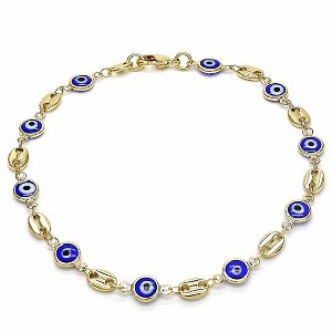 RMZ GOLD NYC 18K WOMEN'S GOLD FILLED HIGH POLISH FINSH MARINER MARINA-BLUE EVIL EYE LOBSTER CLASP ANKLE BRACELET 10'' INCH - 1 of 3