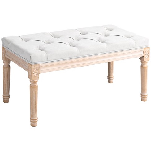 HOMCOM French Vintage End of Bed Bench Linen Upholstered Bench with Thick Padded Seat and Wood Legs Tufted Bedroom Bench Cream White