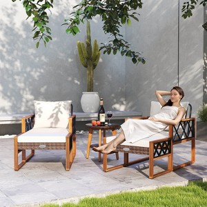 Costway 5 PCS PE Rattan Outdoor Conversation Set with Acacia Wood Table Chairs with Ottomans - 1 of 3