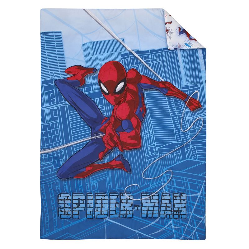 Marvel Spiderman Wall Crawler Red, White, and Blue Spider Webs 4 Piece Toddler Bed Set, 2 of 7