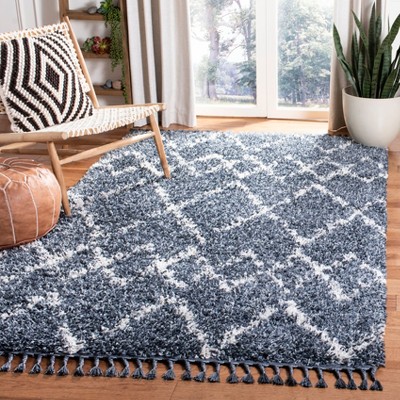Blue and Creme Geometric Shag Area Rug with Tassels