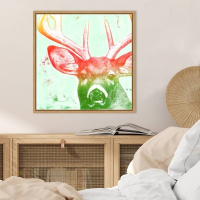 22"x22" Colorful Deer Portrait on Canvas with Maple Frame