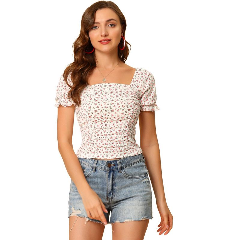 Allegra K Women's Ruched Front Short Sleeve Floral Cropped Tops, 1 of 6