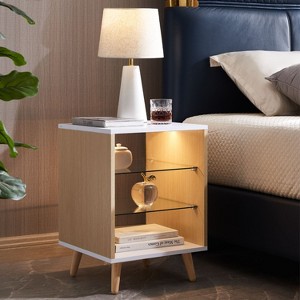 Crystal Modern Bedside Table with 3 Color LED Lighting,  Nightstand with 2-tier Glass Storage Shelf for Bedroom, Indoor Furniture - The Pop Home - 1 of 4