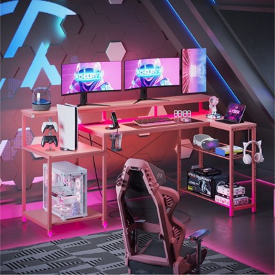 Bestier Gaming Desk L-Shaped Corner Gamer Desk with Power Outlet LED and Monitor Stand, Pink