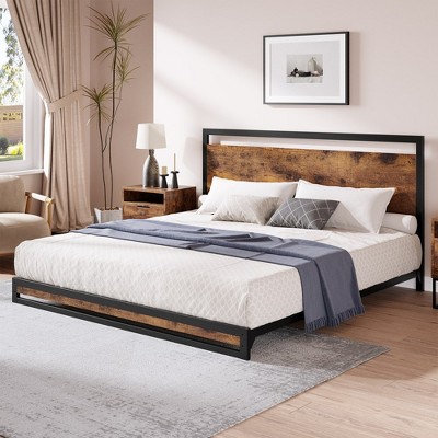 Whizmax 6 Inch Twin Metal Platform Bed Frame with Wooden Headboard and Footboard, Mattress Foundation, Easy Assembly, Rustic Brown