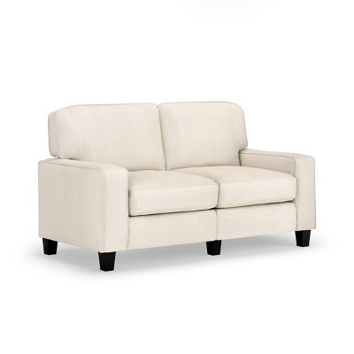 Beige Leather Track Arm Loveseat with Pillow Back