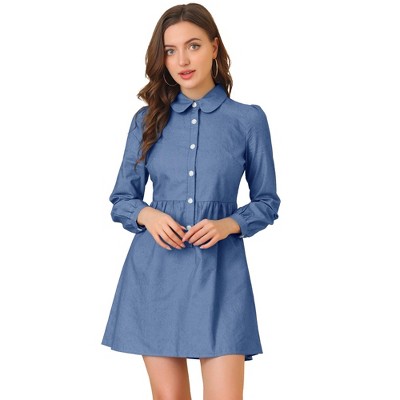 Allegra K Women's Peter Pan Collar Long Sleeve Button Down Chambray Dresses