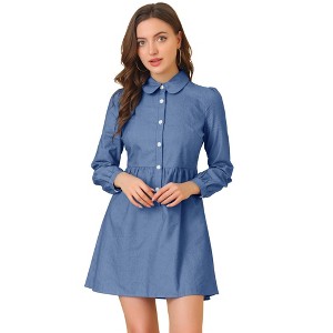 Allegra K Women's Peter Pan Collar Long Sleeve Button Down Chambray Dresses - 1 of 4