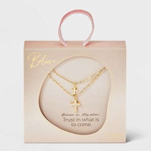 14K Gold Dipped Double Cross Pendant Multi-Strand Necklace - Gold - 1 of 4