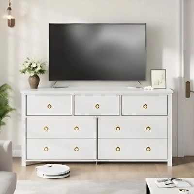 Modern Wide Drawer Dresser with Drawers, Wooden Dressers of Drawers Freestanding for Bedroom, Nursery, Living Room, White