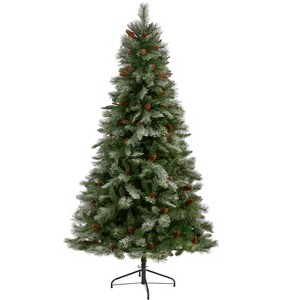 Nearly Natural 7-ft Snowed French Alps Mountain Pine Artificial Christmas Tree with 833 Bendable Branches and Pine Cones - 1 of 4