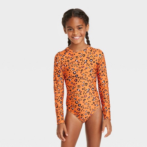 Girls' Spots Of Fun Long Sleeve One Piece Rash Guard Swimsuit - Cat &  Jack™️ Orange Xs : Target