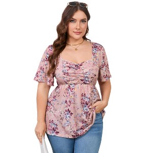 Womens Plus Size Sweetheart Neck Short Sleeves Tunic Tops Pleated Peplum Babydoll Casual T shirts Floral Summer Blouse - 1 of 4