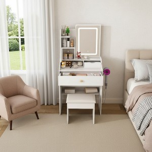 FONTOI 23.6"W/42"W Makeup Vanity Table Desk with Mirror Drawers Storage Cabinets and Stool for Bedroom Dressing Room, White/Pink - 1 of 4