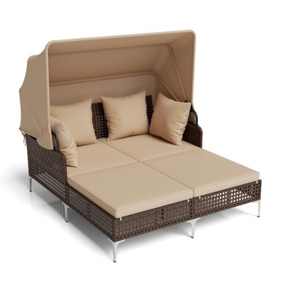 Costway Outdoor Rattan Double Daybed with  Retractable Canopy & Seat Back Cushions