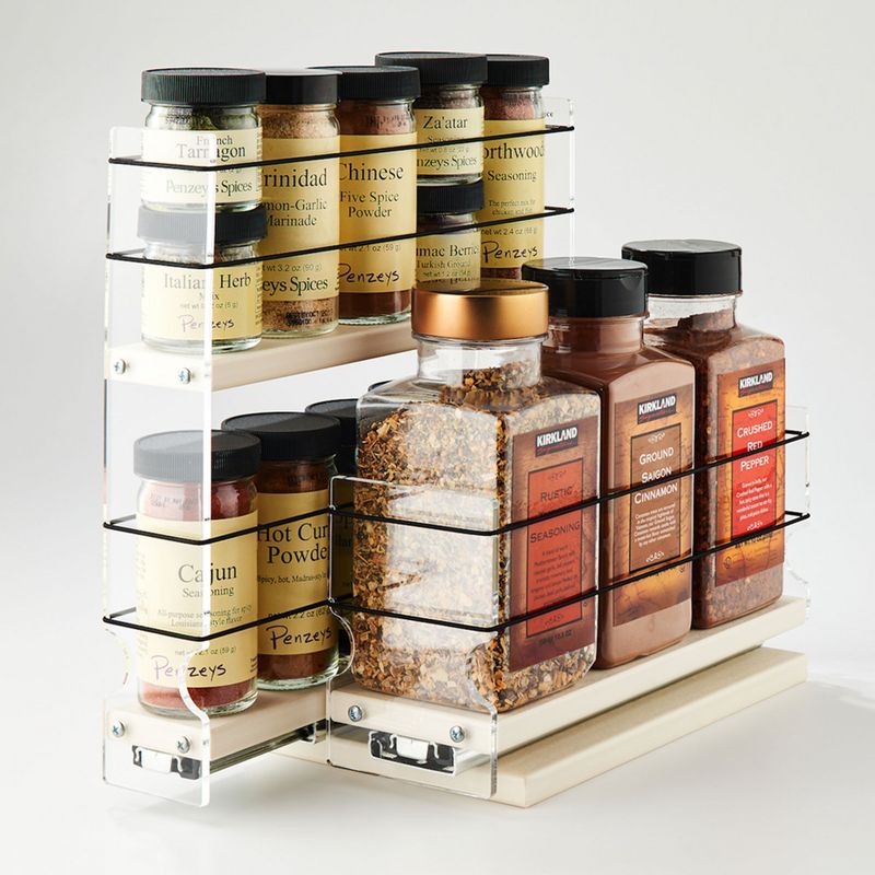Vertical Spice Dual Tier 2 Drawer Full Extension Spice Rack and Storage Organizer with Elastic Flex Sides for Spice Jars and Larger Containers, Cream, 5 of 7