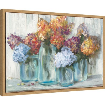 Hydrangeas in Glass Jars Framed Canvas Wall Art, 16" x 23"