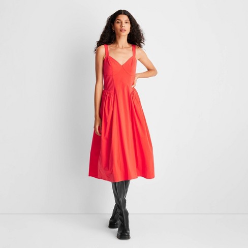 Women's Strappy Red Fit And Flare Midi Dress - Future Collective