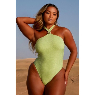 Lumiére 'Mint' Lurex Crystal Halter Swimsuit Mint  Large