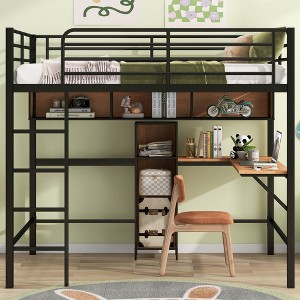 Whisen Modern Full Size Metal & Wood Loft Bed with L-shaped Desk and Shelves - Black & Walnut - 1 of 4