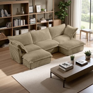 120" Corduroy Slipcovered U-Shaped Modular Sectional Sofa with French Edges & Removable Covers - 1 of 4