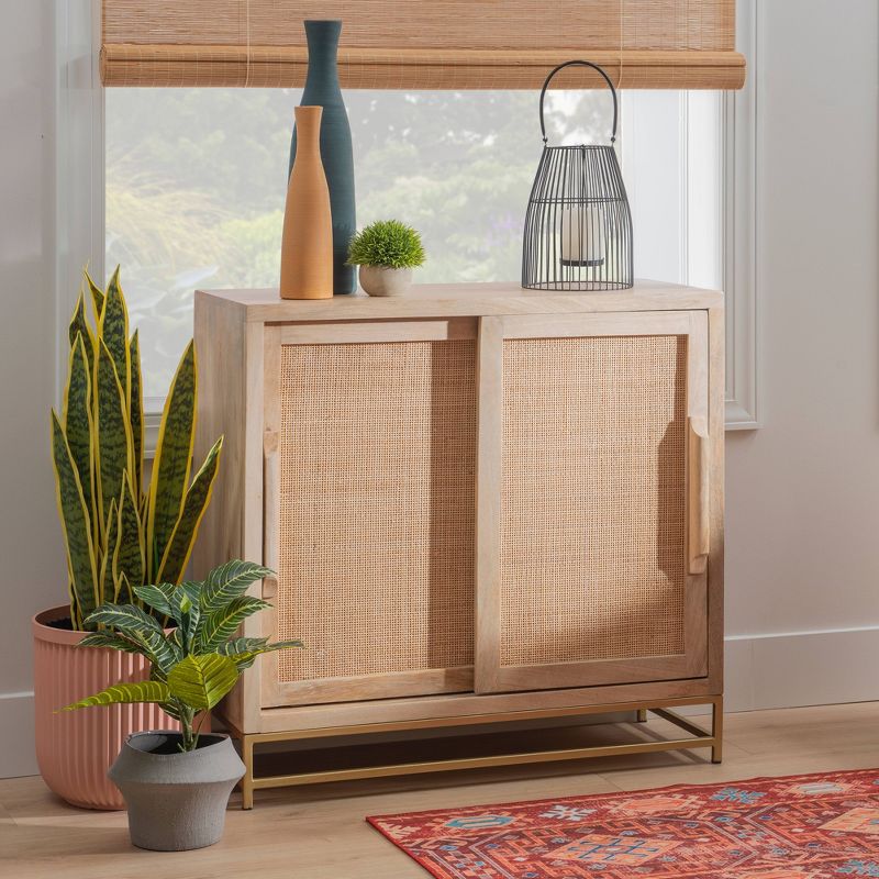 Gordon Transitional Sliding Natural Cane Door Cabinet with 1 Shelf and Gold Metal Base - Powell, 3 of 17